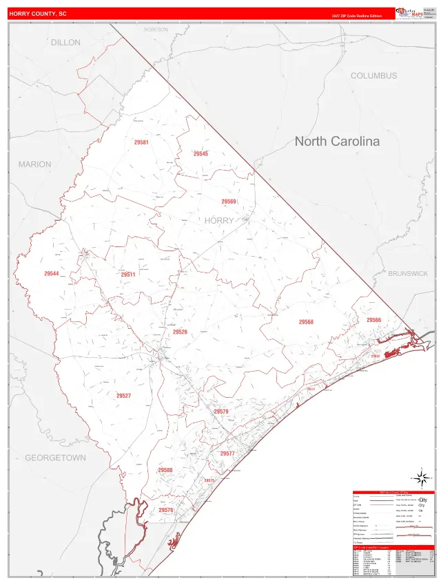 Horry County, SC ZIP Code Wall Map, RedLine style