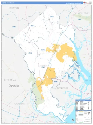Jasper County, SC Business Reference style ZIP Code wall map
