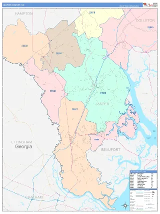 Jasper County, SC ColorCast style ZIP Code wall map