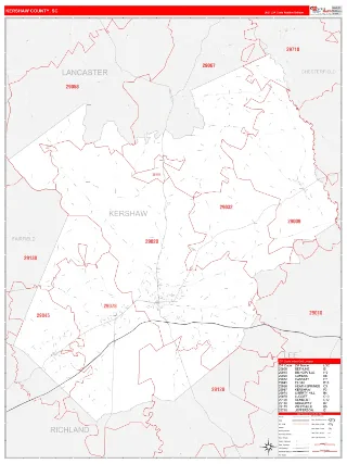 Kershaw County, SC RedLine style ZIP Code wall map