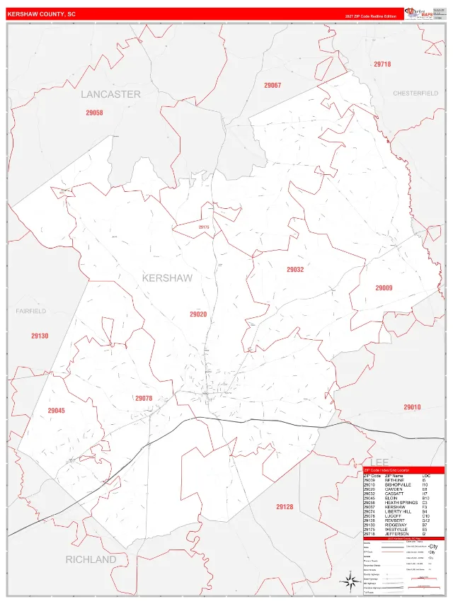 Kershaw County, SC ZIP Code Wall Map, RedLine style
