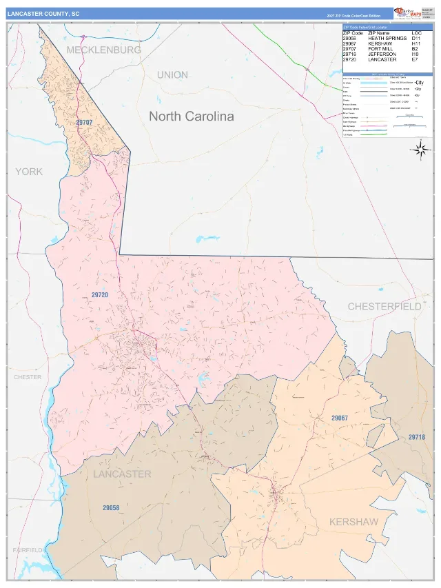 Lancaster County, SC ZIP Code Wall Map, ColorCast style