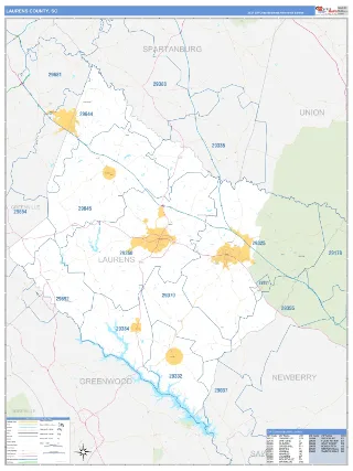 Laurens County, SC Business Reference style ZIP Code wall map