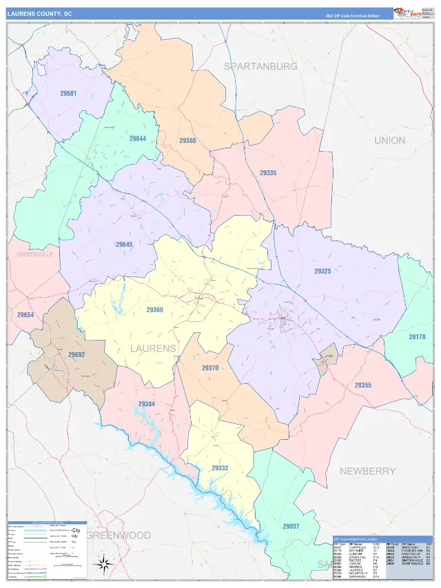 Laurens County, SC ZIP Code Wall Map, ColorCast style