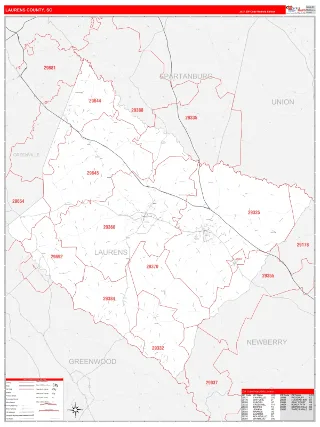 Laurens County, SC RedLine style ZIP Code wall map