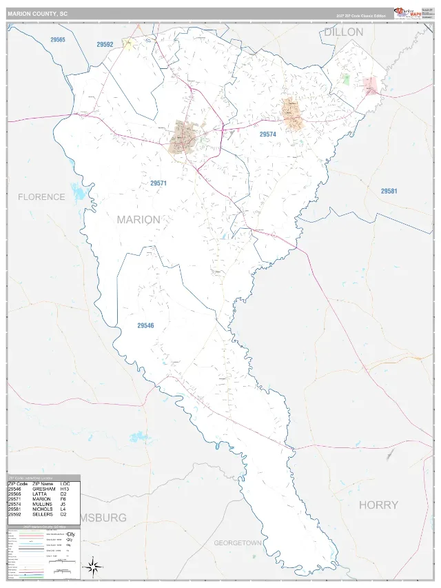 Marion County, SC ZIP Code Wall Map, Classic style