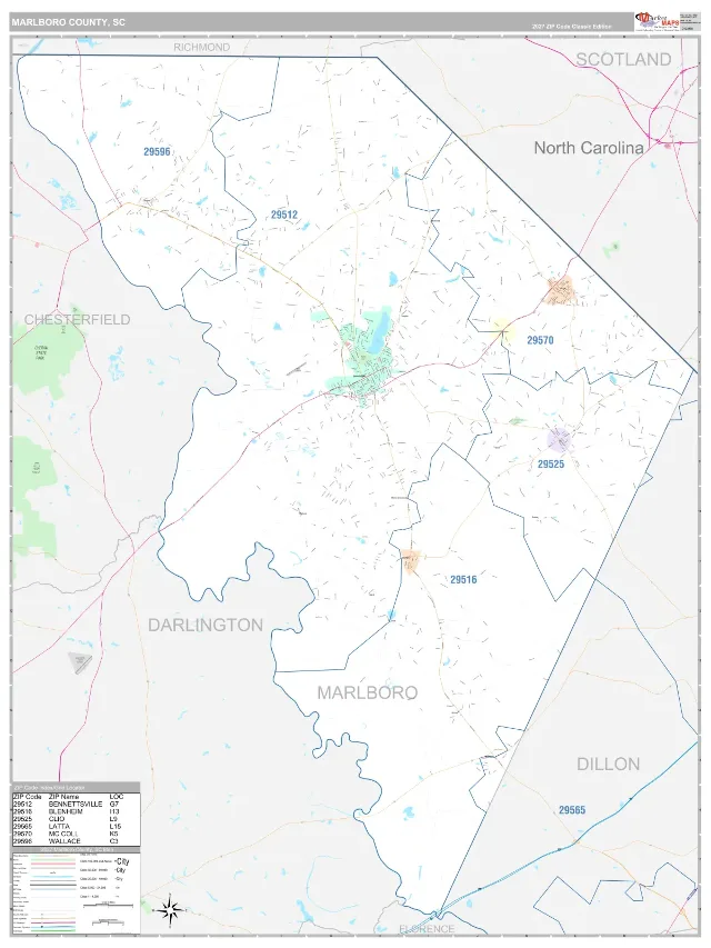 Marlboro County, SC ZIP Code Wall Map, Classic style