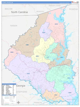 Oconee County, SC ColorCast style ZIP Code wall map