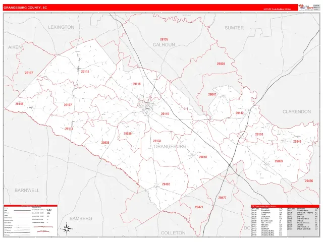 Orangeburg County, SC ZIP Code Wall Map, RedLine style