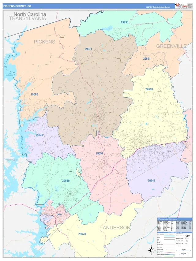 Pickens County, SC ZIP Code Wall Map, ColorCast style