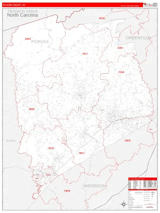Pickens County, SC RedLine style ZIP Code wall map