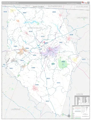Spartanburg County, SC Classic style ZIP Code wall map