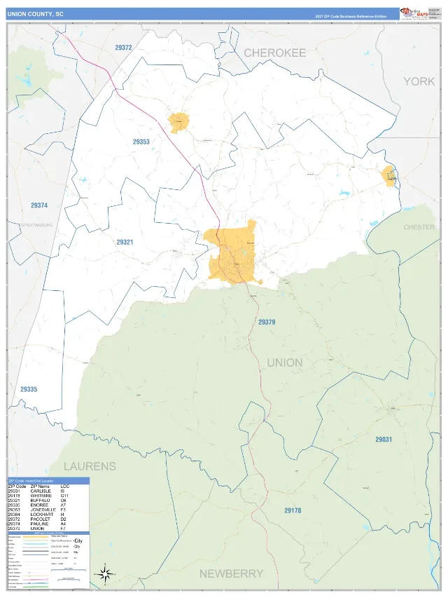 Union County, SC ZIP Code Wall Map, Business Reference style