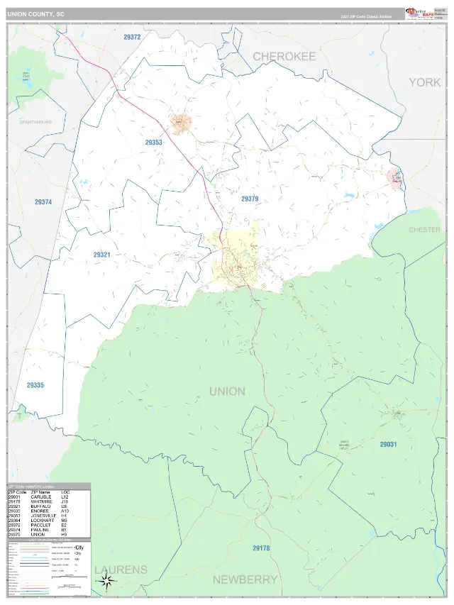 Union County, SC ZIP Code Wall Map, Classic style