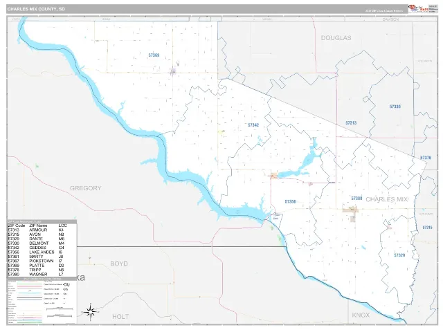 Charles Mix County, SD ZIP Code Wall Map, Classic style