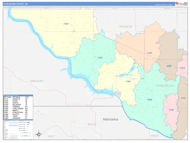 Charles Mix County, SD ZIP Code Wall Map, ColorCast style