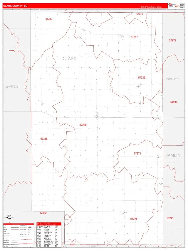 Clark County, SD ZIP Code Wall Map, RedLine style