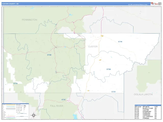 Custer County, SD ZIP Code Wall Map, Business Reference style