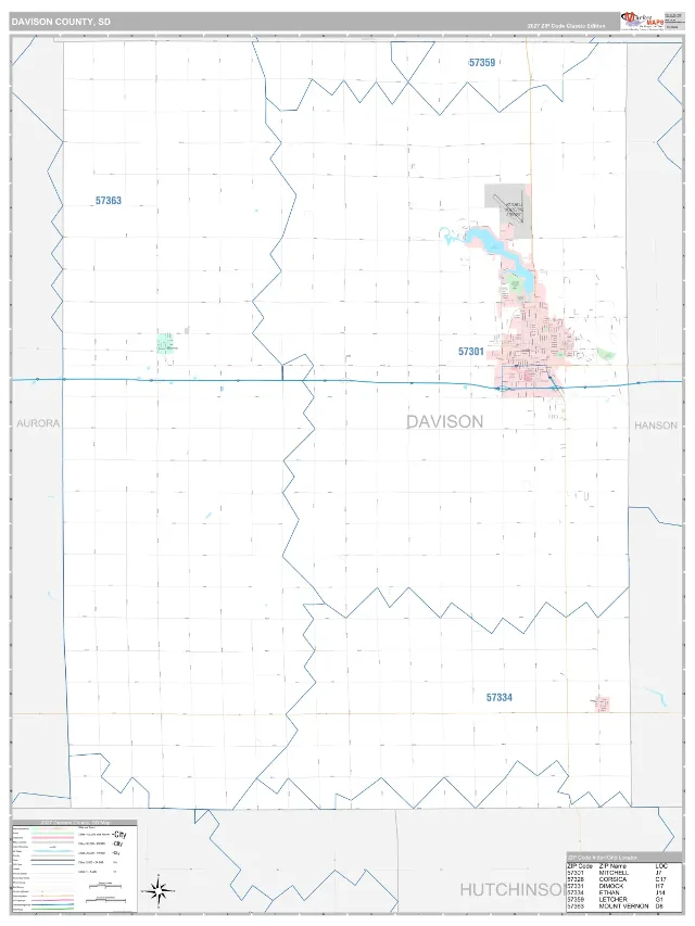 Davison County, SD ZIP Code Wall Map, Classic style