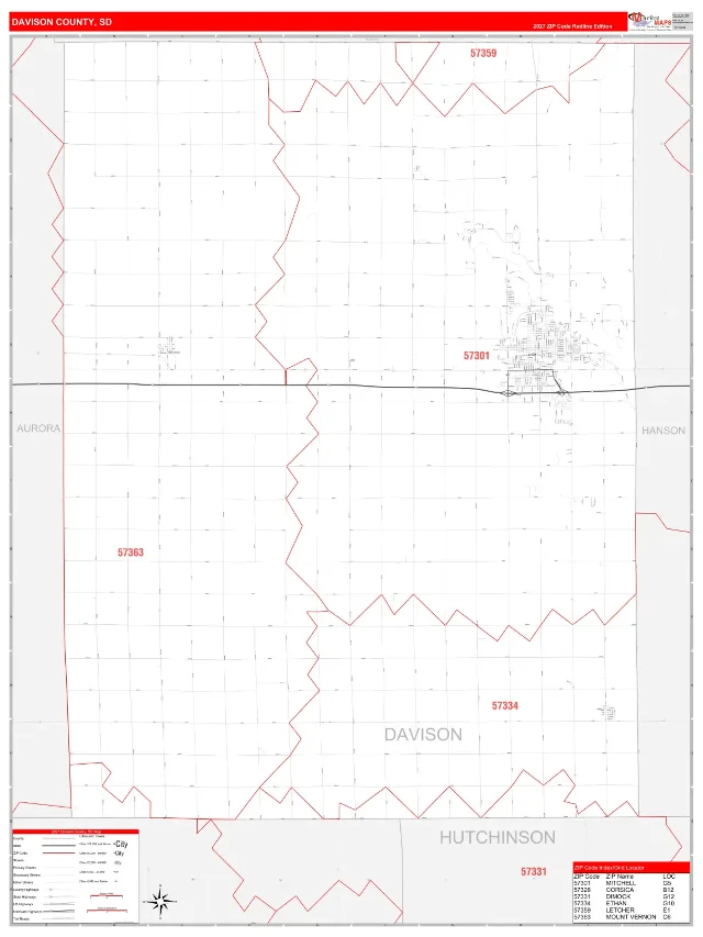 Davison County, SD ZIP Code Wall Map, RedLine style