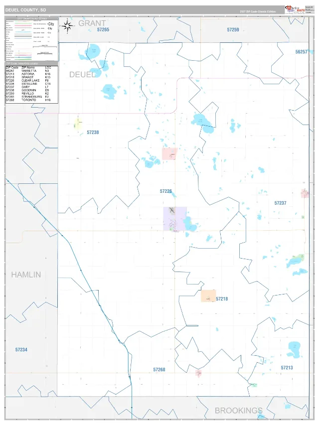 Deuel County, SD ZIP Code Wall Map, Classic style