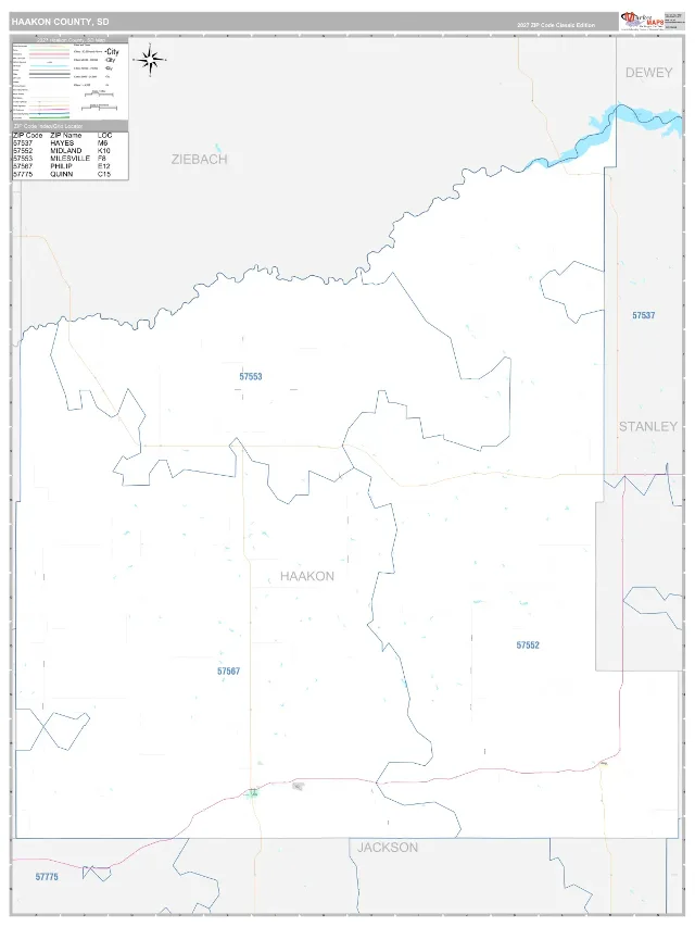 Haakon County, SD ZIP Code Wall Map, Classic style