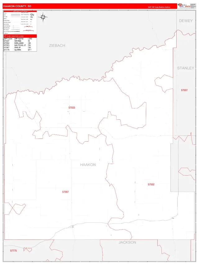 Haakon County, SD ZIP Code Wall Map, RedLine style