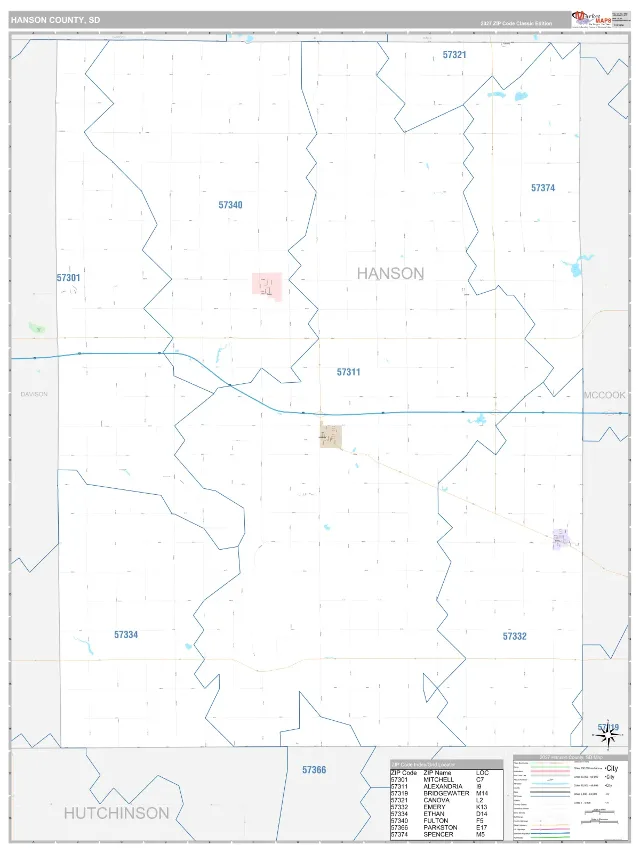 Hanson County, SD ZIP Code Wall Map, Classic style