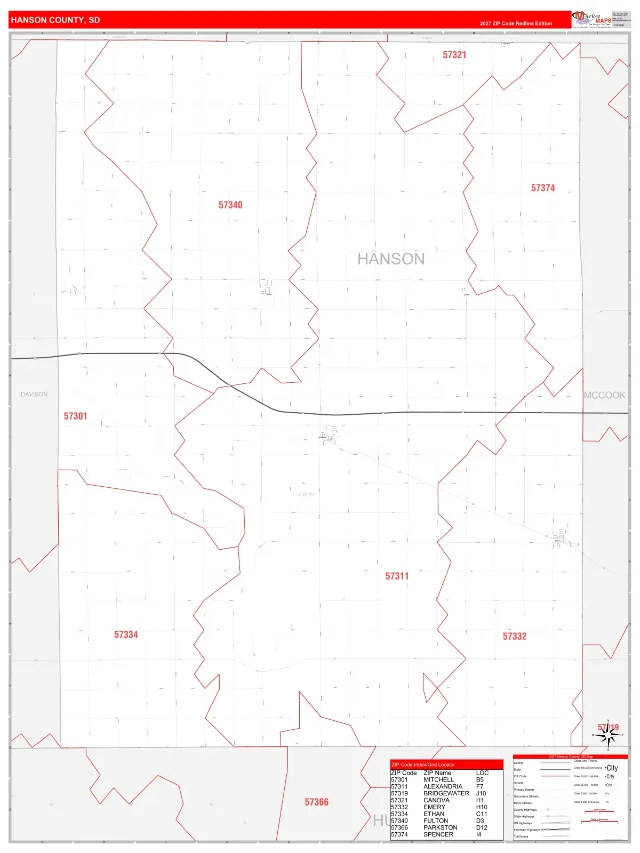 Hanson County, SD ZIP Code Wall Map, RedLine style