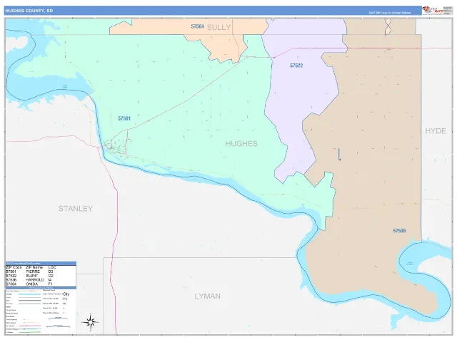 Hughes County, SD ZIP Code Wall Map, ColorCast style