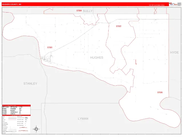 Hughes County, SD ZIP Code Wall Map, RedLine style