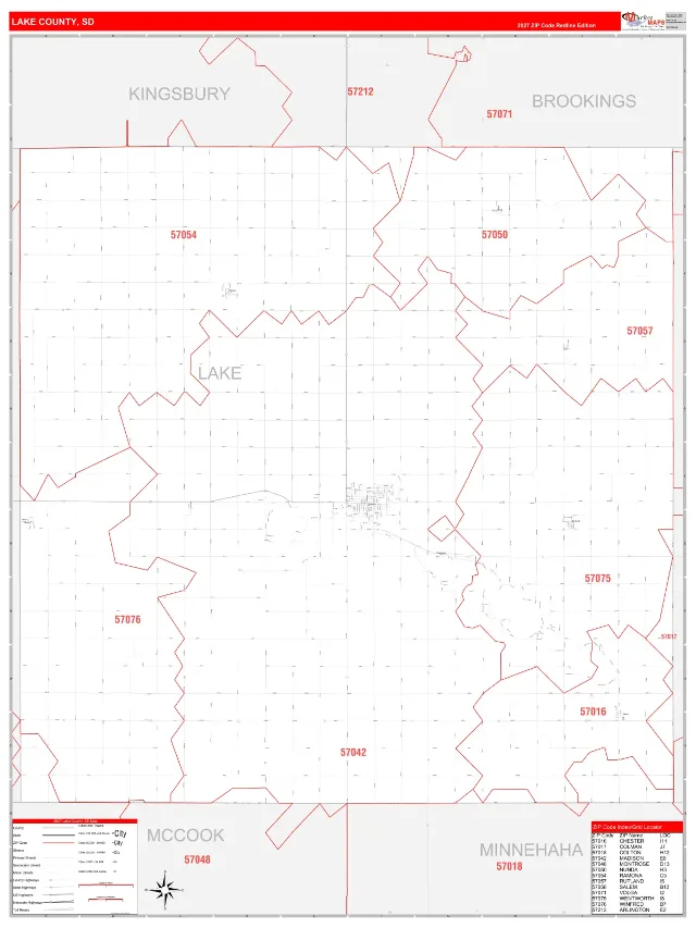 Lake County, SD ZIP Code Wall Map, RedLine style