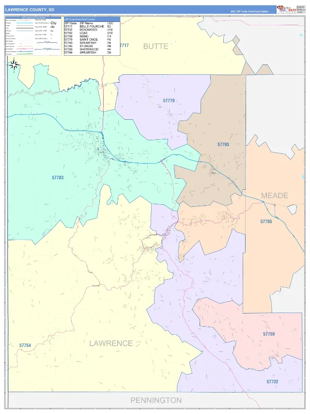 Lawrence County, SD ZIP Code Wall Map, ColorCast style