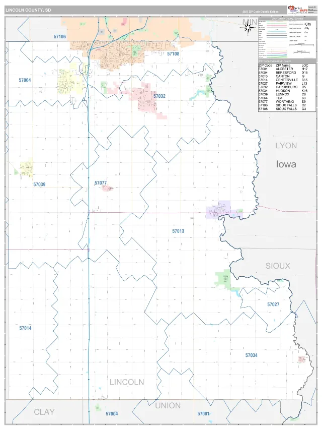 Lincoln County, SD ZIP Code Wall Map, Classic style