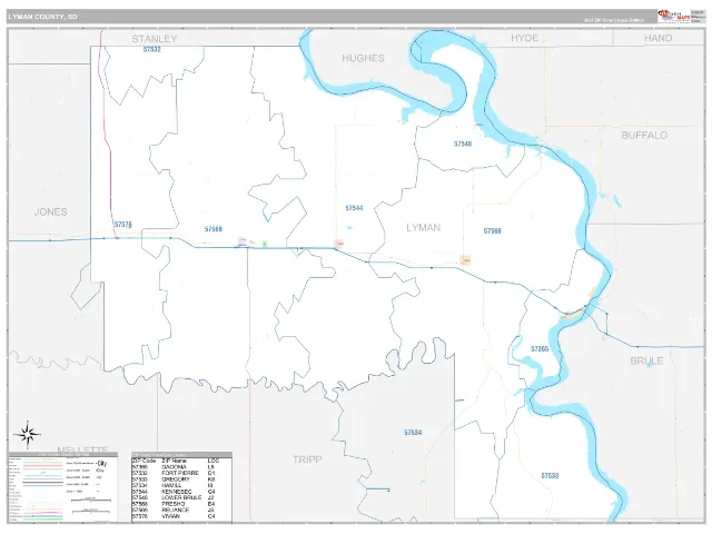Lyman County, SD ZIP Code Wall Map, Classic style