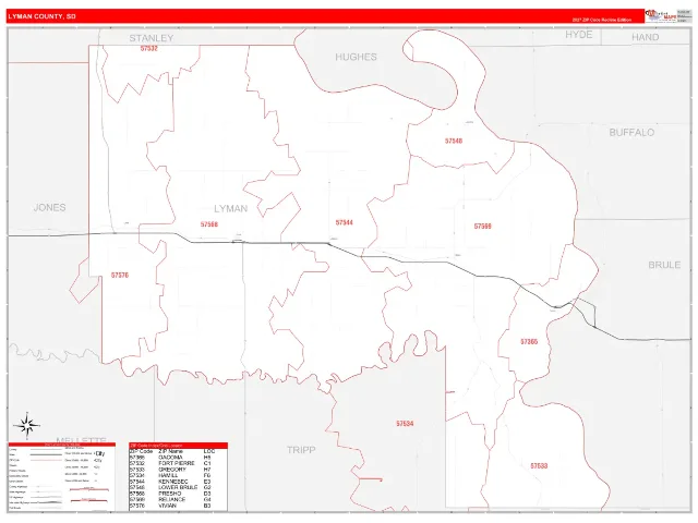 Lyman County, SD ZIP Code Wall Map, RedLine style
