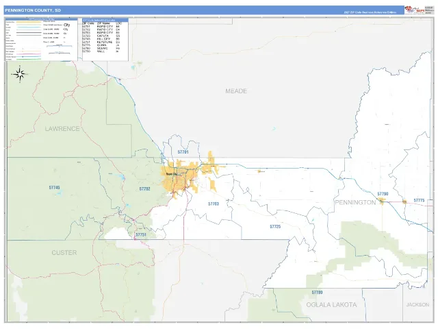 Pennington County, SD ZIP Code Wall Map, Business Reference style