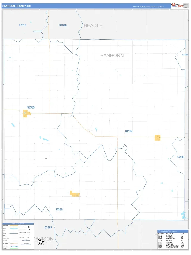 Sanborn County, SD ZIP Code Wall Map, Business Reference style