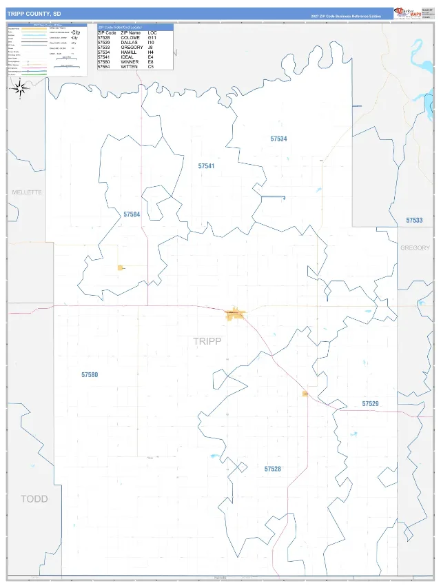 Tripp County, SD ZIP Code Wall Map, Business Reference style