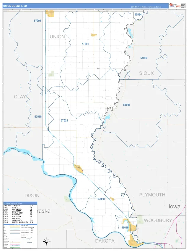 Union County, SD ZIP Code Wall Map, Business Reference style