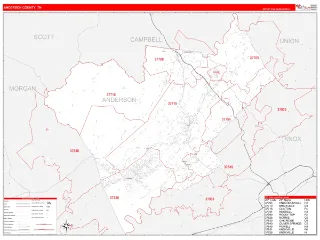 Anderson County, TN RedLine style ZIP Code wall map