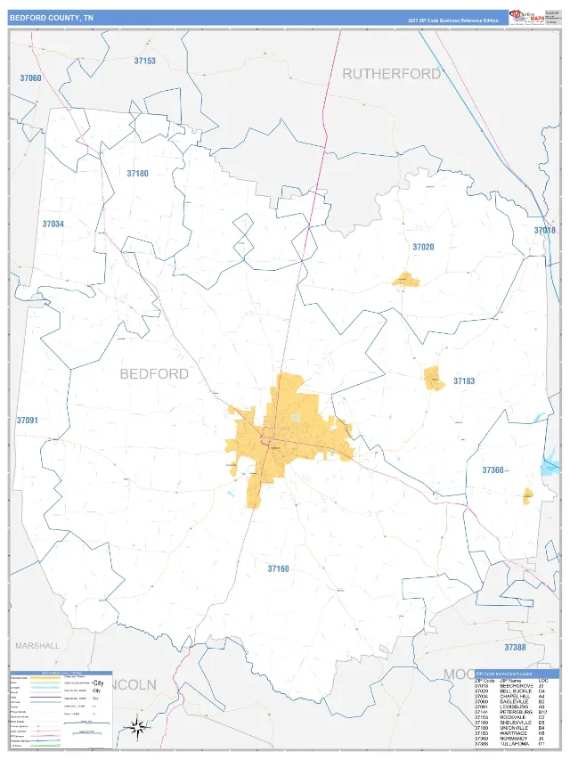 Bedford County, TN ZIP Code Wall Map, Business Reference style
