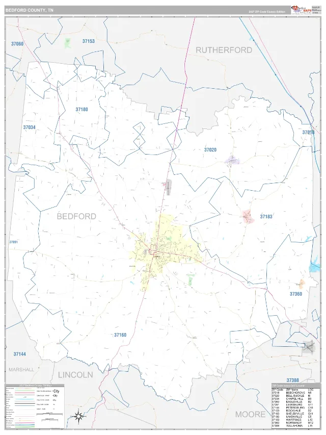 Bedford County, TN ZIP Code Wall Map, Classic style