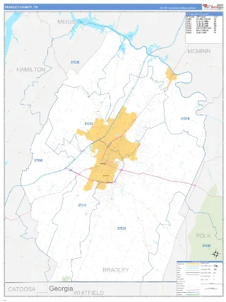 Bradley County, TN Business Reference style ZIP Code wall map
