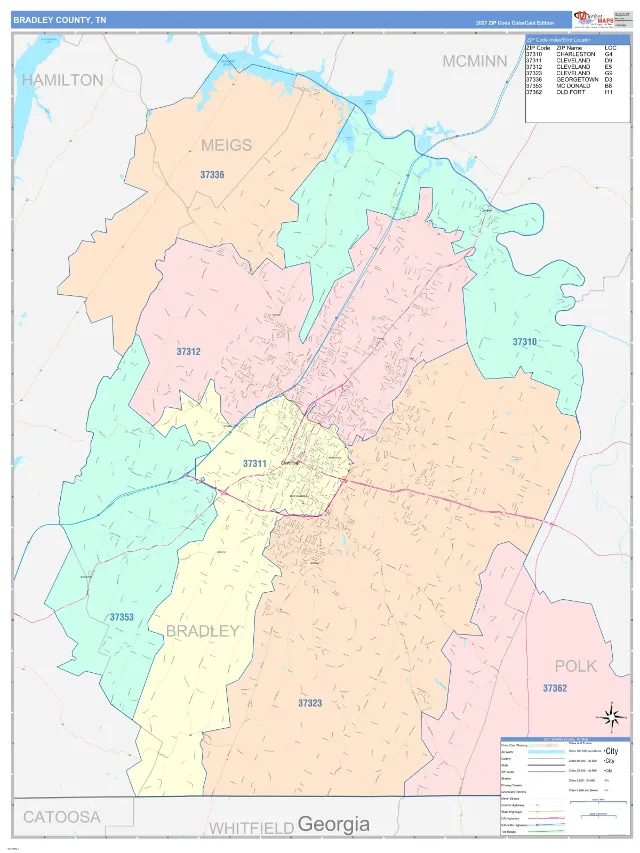 Bradley County, TN ZIP Code Wall Map, ColorCast style
