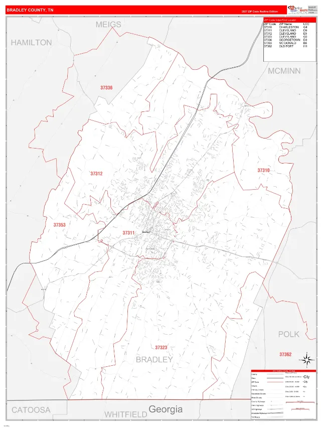 Bradley County, TN ZIP Code Wall Map, RedLine style