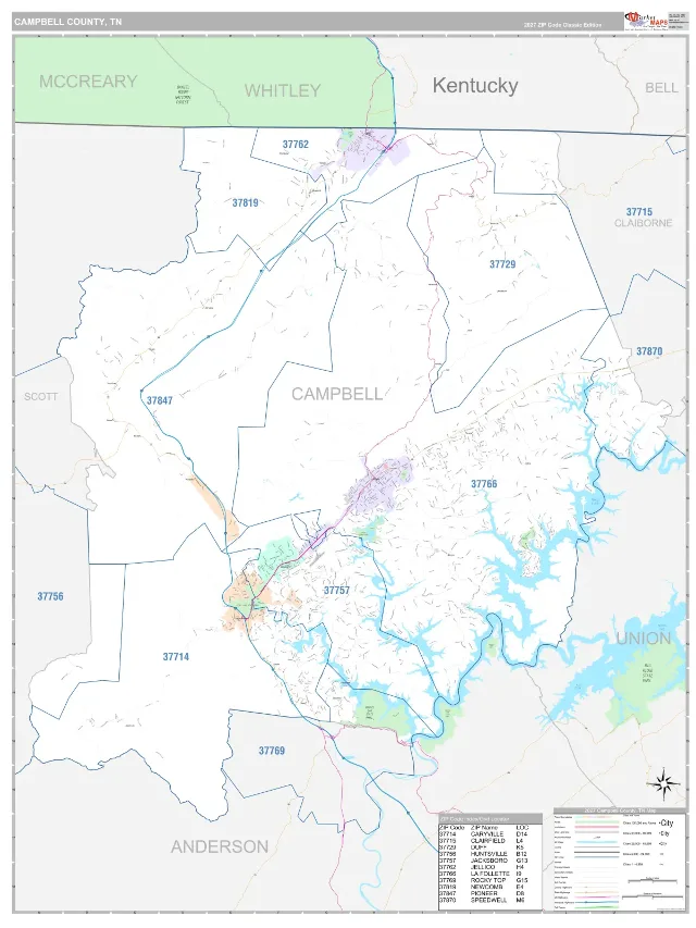 Campbell County, TN ZIP Code Wall Map, Classic style