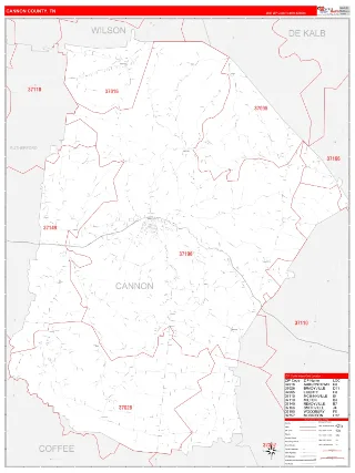Cannon County, TN RedLine style ZIP Code wall map