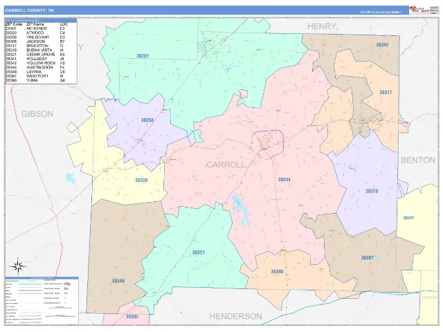 Carroll County, TN ZIP Code Wall Map, ColorCast style