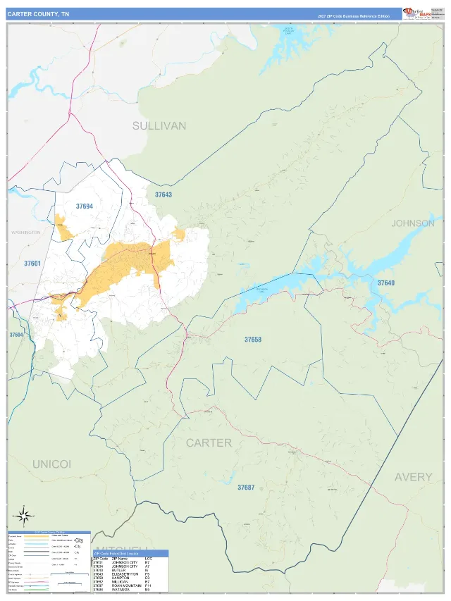 Carter County, TN ZIP Code Wall Map, Business Reference style